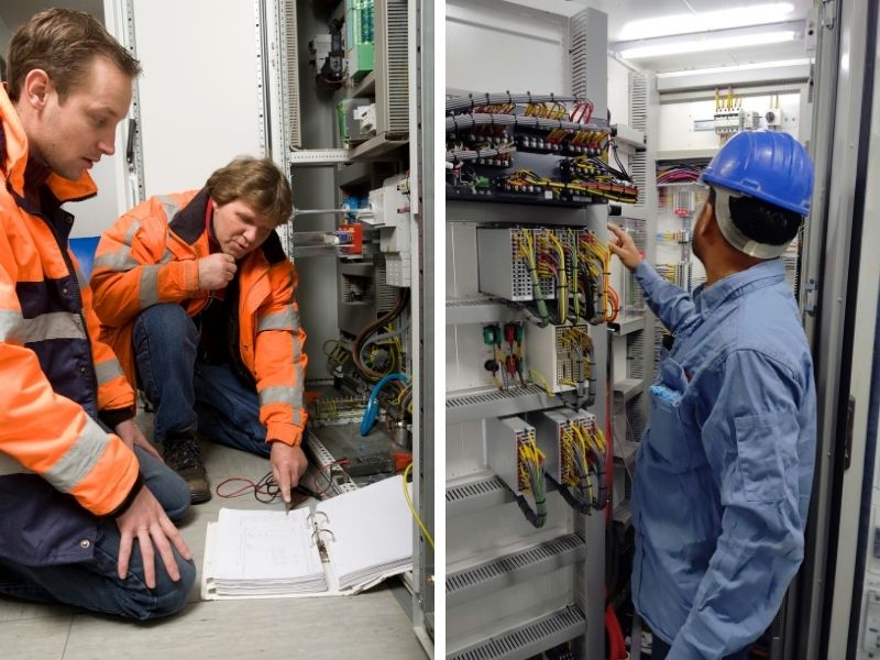 Electricians in a technical environment, showcasing aspects of industrial vs commercial electrical work.