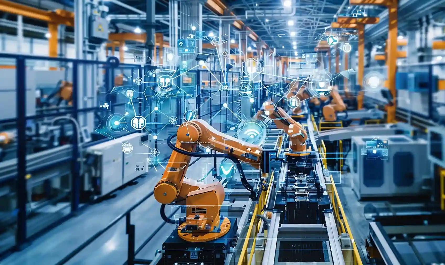Industrial robotic arms on a high-tech assembly line with blue holographic data overlays showing connections.