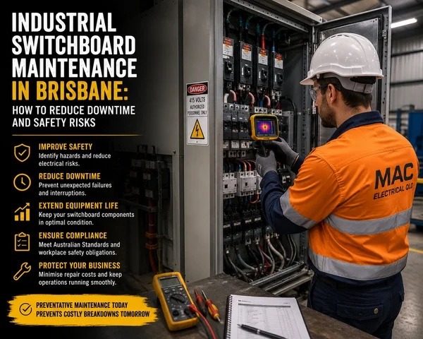 Technician in an orange safety vest and white helmet inspects an electrical switchboard with a handheld infrared camera, beside a Brisbane maintenance poster.