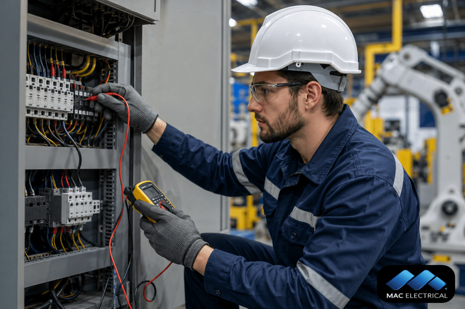 Industrial electrician wearing a hard hat and safety glasses tests a control panel with a handheld multimeter in a factory setting.