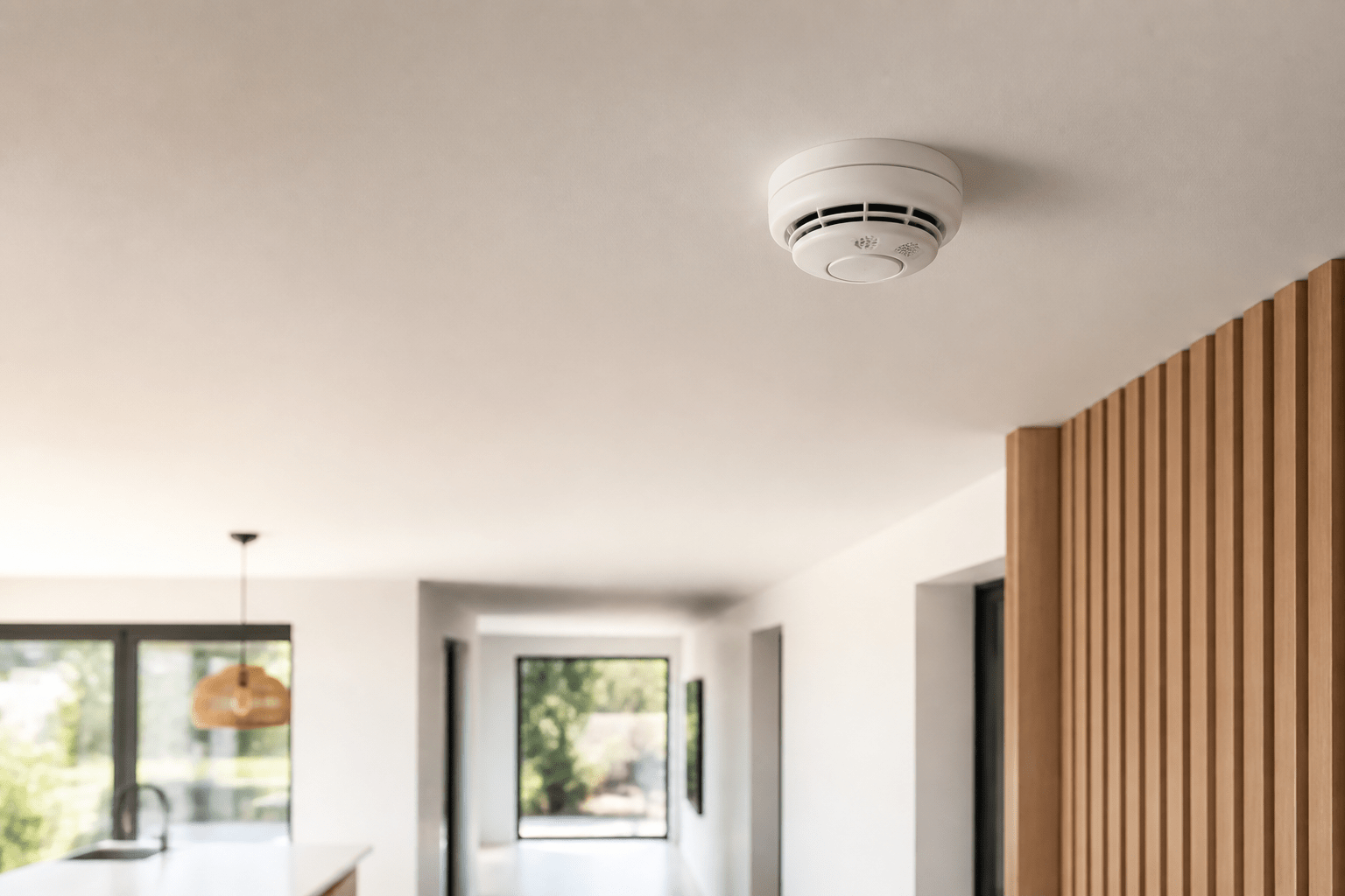Modern smoke alarm installed on a clean residential ceiling.