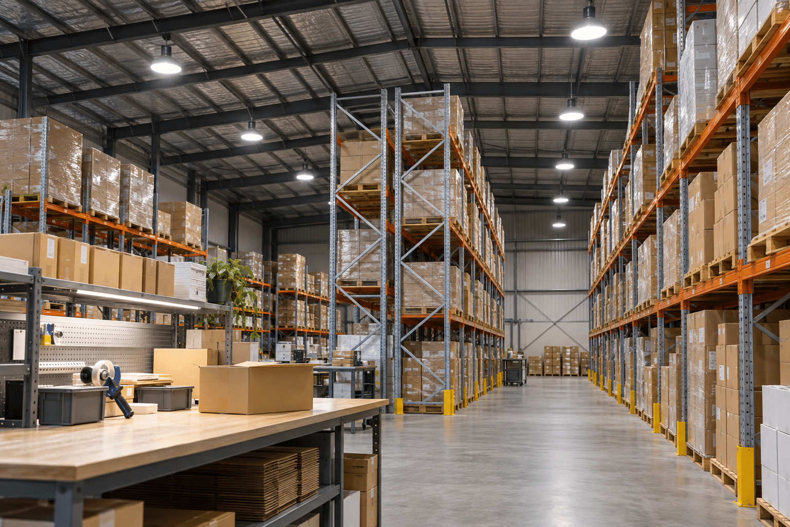 LED high bay lights illuminate warehouse aisles, pallet racks and a packing bench beneath a steel roof